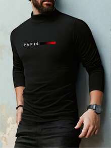 1PC A Men's Warm Top - A Men's Black Semi - High Collar Base Layer With A Parisian Pattern. It Boasts A Simple And Versatile Design, Is Crafted From Skin - Friendly Fabric, And Has A Soft Texture. It Is Perfect For Gifting To Your Boyfriend Or Husband.