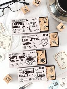 8pcs/Box Vintage Design Wood Stamps, Exquisite Wooden Stamp Set With Clear Pattern Engraving,For Scrapbook And DIY Handbook Decorative Stamps, Gift For Friends - Single Piece - View 3