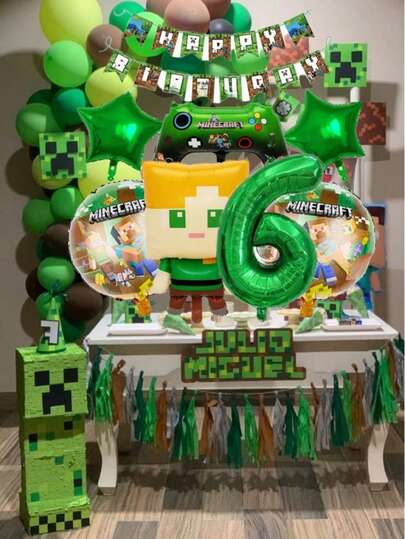 Set de 8 piezas de decoración de fiesta de cumpleaños con temática de videojuego Minecraft, que incluye banderines y globos con números del 1 al 9, Steve, Alex, adecuado para fiestas de cumpleaños de hombres, Navidad, suministros de fiesta de cumpleaños, decoración del hogar, decoraciones navideñas, decoración de habitación, invierno