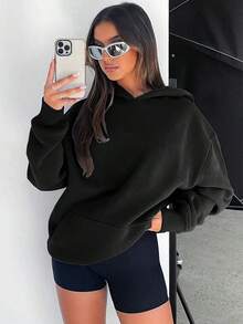 HoodieWomen Essential Drop Shoulder Oversized Hoodie Fall & Winter, UnisexLoose And Comfortablewinter Clothes For Women Hoodies For Women - 黑色 - 查看 3