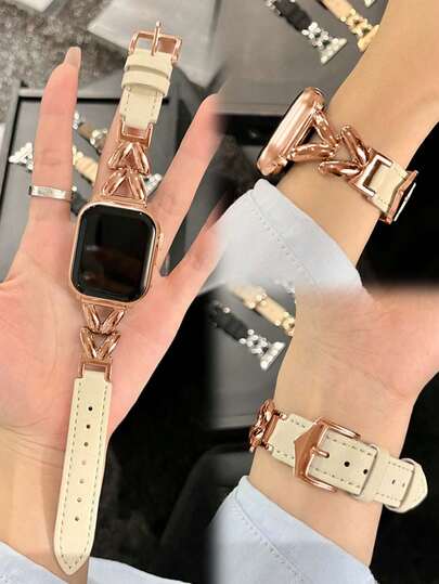 1 条兼容 表带，杏色皮革和金属链混合表带，适用于 38mm/40mm/41mm/42mm/44mm/45mm，时尚耐用，适合腕围 155cm-205cm