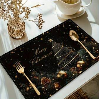 4-teiliges Set Weihnachts-Schwarz-Gold Tischsets - Exquisites Weihnachtsbaum- und Sternenmuster, 30x45cm rechteckige Tischsets, maschinenwaschbar, strapazierfähig, Schutz für Küchenarbeitsplatten, Heimdekoration, perfekt für Weihnachtsparty-Dekoration und auch ein ideales Weihnachtsgeschenk.