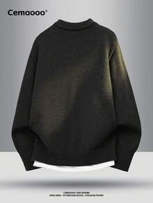 Men's Casual Minimalist Non-Deformable Fashion Loose Solid Color Ribbed Cuff & Hem Design Soft Comfortable Warm Crew Neck Cardigan Jacket, Autumn - Black - View 2