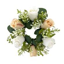 1pc Fake Flower Plant Leaves Candle Artificial Silk Rose Flower Wreath Candle Holder Plastic Small Buoy Farmhouse Wreath For Wedding Arrangement Bridal Bouquet Dining Table Core Garden Yard Birthday Shower Decoration Aesthetic Room Classroom Balcony Christmas Holiday Gift Decoration