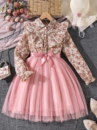 Left Mama Girls' Elegant Ditsy Floral Collared Long Sleeve Top With Mesh Patchwork Dress, Spring/Autumn