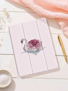Pink Swans And Peonies IPad Case Compatible With IPad Air 4/5 10.9 Inch, IPad 7/8/9th 10.2 Inch, Built-In Pencil Slot Compatible With Samsung Tab S6 10.4 Inch, Tab A7 Lite 8.7 Inch, Ins Style Leather Case, Back To School, Valentine's Day, New Year Gift