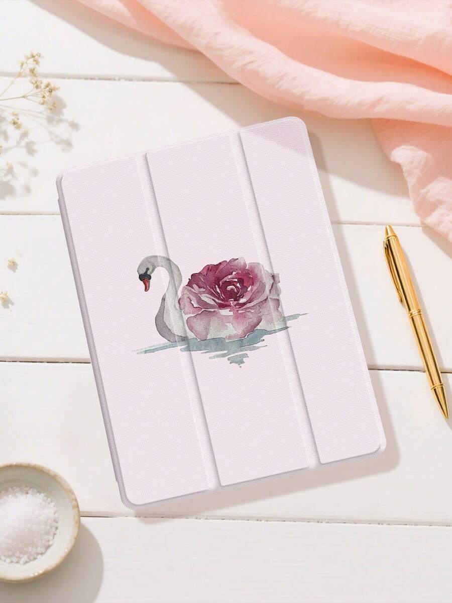 Pink Swans And Peonies IPad Case Compatible With IPad Air 4/5 10.9 Inch, IPad 7/8/9th 10.2 Inch, Built-In Pencil Slot Compatible With Samsung Tab S6 10.4 Inch, Tab A7 Lite 8.7 Inch, Ins Style Leather Case, Back To School, Valentine's Day, New Year Gift