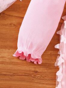 Girls' Butterfly Applique Long Sleeve Mesh Dress, Sweet & Fashionable For Autumn/Winter Party, Birthday - Pink - View 5