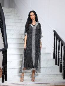 JINLICX Bộ váy dài tay cao cấp kiểu khăn choàng, váy dạ hội trang trọng. - Bạc - Xem 5