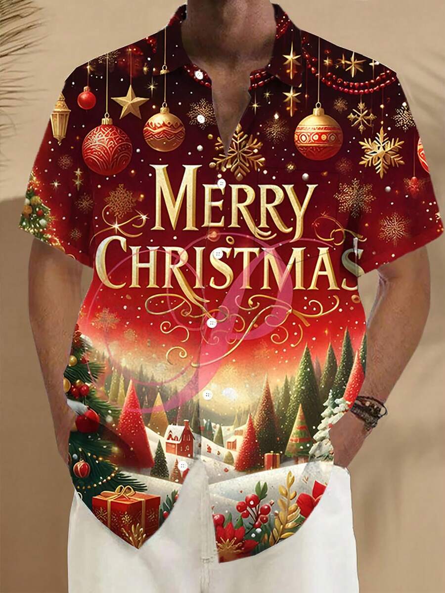 Camicia a maniche corte con stampa natalizia e tasche con bottoni per uomo
