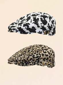 1pc Unisex Fashionable Dual-Color Adjustable Brimmed Hat, Animal Print Design (Leopard, Cow) Made Of Polyester Fiber, Suitable For Spring, Summer, Autumn, Back To School, Casual Wear, Party