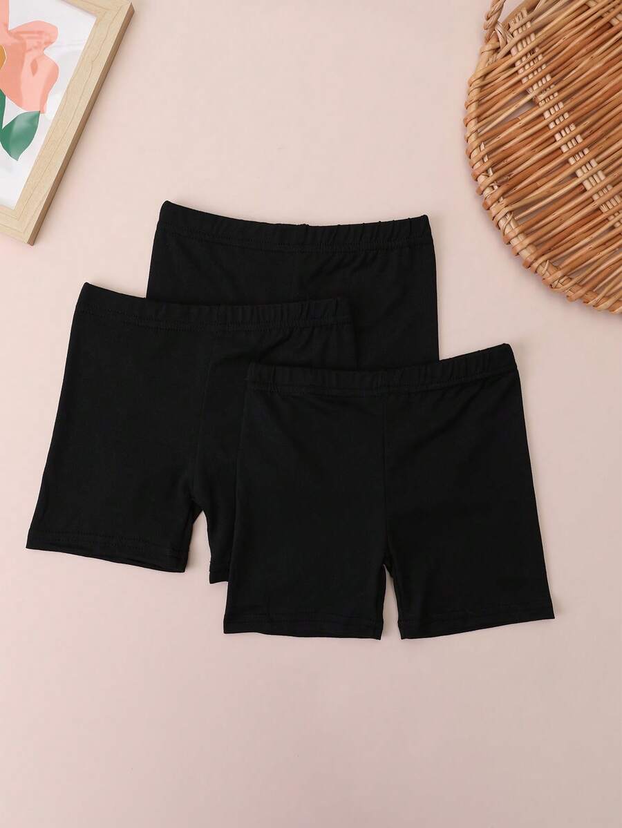 Set de 3 shorts básicos de unicolor de para niñas, leggings casuales para niñas pequeñas, esencial para todas las temporadas - Negro - Ver 1