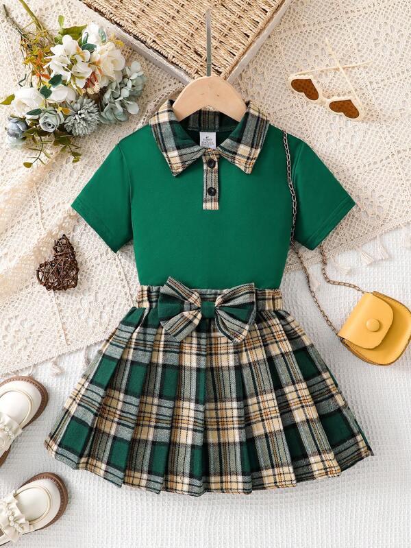 Set de 2 piezas: Blusa con cuello polo de contraste de color + Camiseta de manga corta a cuadros vintage, Falda plisada con decoración de mariposa, Ropa casual de verano para la escuela y al aire libre