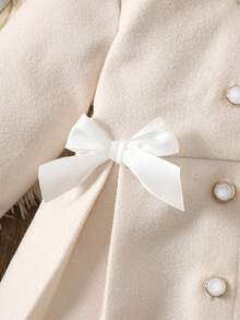 2 件女婴优雅纯色仿毛领外套，配贝雷帽和蝴蝶结装饰，秋冬保暖 - 杏色 - 查看 5