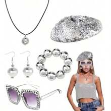 6 件女士 70 年代迪斯科服装配饰套装 - 包括 70 年代迪斯科黑色卷发合成发、镶钻时尚眼镜、闪光围巾、闪光头带、流苏耳环和戒指 - 非常适合复古派对、狂欢节、复活节和主题活动、迪斯科服装配饰万圣节