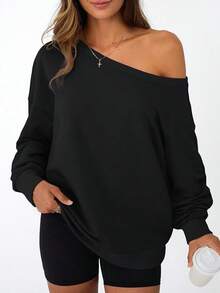 Women Off The Shoulder Sweatshirt Oversized Tops Fall Outfits 2025 Y2k Clothes Fashion Clothing  Tophalloween - 黑色 - 查看 3