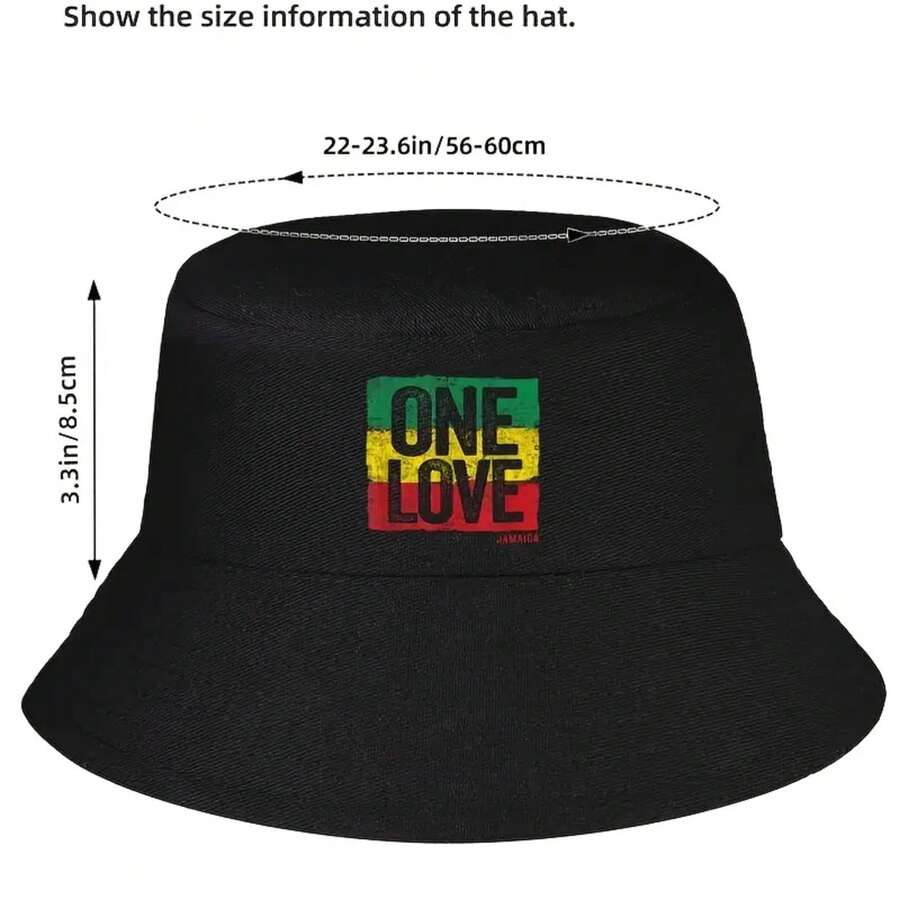 ONE LOVE Reggae Bucket Hat - Black With Green Red Yellow Stripes, Unisex Vintage Jamaican Souvenir Hat For Men Women Teens, Machine Washable Casual Outdoor Hat - 黑色 - 查看 1