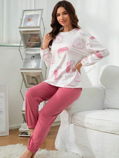 Conjunto de pijama de otoño para mujer, parte superior de manga larga y pantalones con estampado de letras y fresas, conjunto de 2 piezas de ropa de dormir casual con cuello redondo y bolsillos, ropa de otoño