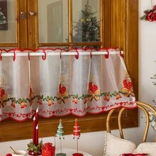 1 件圣诞红铃铛和驯鹿蕾丝刺绣半透明窗帘，美式咖啡色窗帘，半遮光 - 彩色 - 查看 9