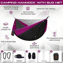 Hamaca de camping, hamacas portátiles con mosquitero, hamaca de paracaídas de nailon ligera con correas de árbol de 10 pies, artículos de camping imprescindibles para viajes, senderismo, mochilero, - NEGRO&Rosado - Ver 10
