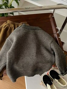 Boys' Cartoon Christmas Pullover Sweater, Grey Thick Warm Knitted Crew Neck Sweater, Fashion Kids Wooly Top For Autumn/Winter