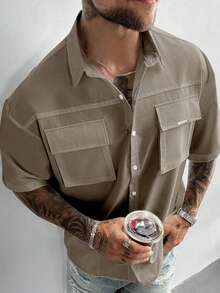 Cămașă bărbătească albă, practică, în stil vintage, cu buzunare 3D, cu rever larg și mânecă scurtă, potrivită pentru vacanță, activități în aer liber și purtare zilnică, cadou de Ziua Tatălui - Kaki - Vizualizare 7