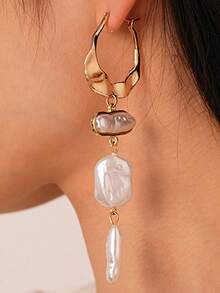 2pcs French Baroque Moon Shaped Irregular Imitation Pearl Pendant Women's Earrings - 金色 - 查看 3