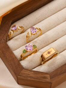 4/6/7 Pieces Fashionable French Delicate Stainless Steel Ring Set For Women With Pink Gemstone Jewellery Suitable For Women's Daily Matching Use Holiday Dating Gift Wedding Engagement Ring Jewellery