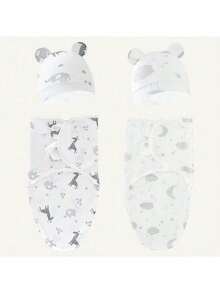 4 件随机图案新生儿襁褓布，婴儿弹簧睡袋孕妇裹巾，婴儿防惊跳襁褓布毛巾胎儿帽爱心情人节