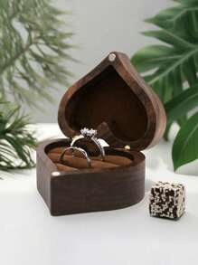 1 Stück Herzförmige Doppelring-Box aus Holz mit braunem Samtfutter - elegantes Schmuckgeschenk für Verlobung, Hochzeit, Jahrestag - dekoratives Design, Schmuckschatulle