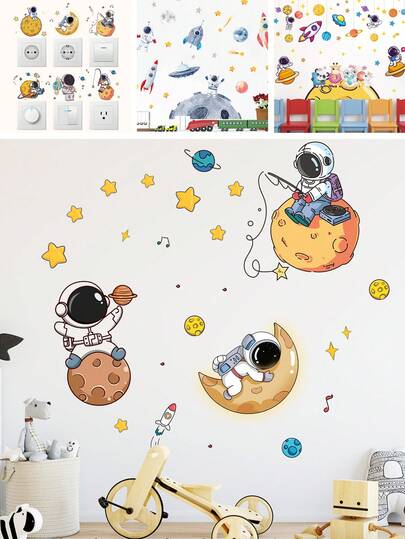 1Pc Astronaut Wall Stickers Kids Room, Space Planets Decor Stickers For Boys, Galaxy Theme Nursery Wall Decals, Removable Back To School Room Decor