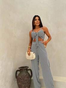 Moda Feminina| Estilo Casual| Calça Pantalona| TopAmarração| ConjuntoEstiloso| TendênciaVerão| ConjuntoListrado - Preto e Branco - Visão 3