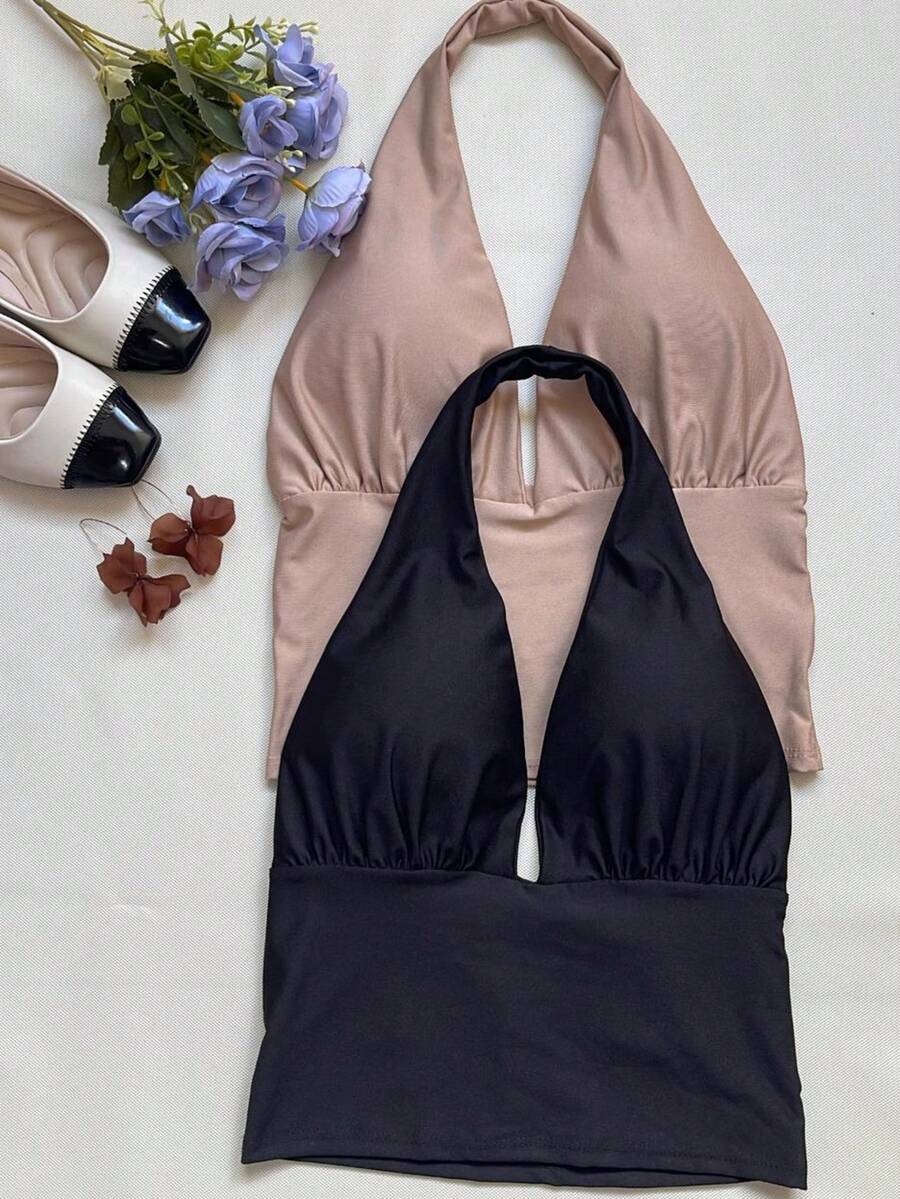 KIT OF TWO (2) CROPPED TOPS WITH PADS IN SUPLEX FABRIC SPRING SUMMER - Đen be - Xem 1