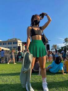 Women One Piece Skirt 2 In 1 Flowy Basic Versatile  Stretchy Flared Casual Mini Skirts - 綠色 - 查看 3