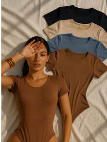 4-Piece Women's Bodysuit, Short Sleeve, Comfortable, Shapewear, Tight-Fitting Bodysuit In Basic And Versatile Suplex. Suplex Fabric Shapes And Enhances. Simple, Casual, Elegant, Knitted. - kaki đen xám nâu - Xem 1