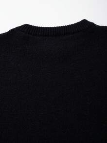 男女皆宜的休闲宽松字母提花圆领长袖套头毛衣，秋冬季百搭时尚针织上衣 - 黑色 - 查看 5