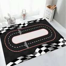 1pc Black & White Checkered Flag Pattern Rug With Racing Track Design, Doormat, Decorative Carpet, Living Room Carpet, Rug, Living Room Area Rug, Area Small Rug, Mat, Home Decor, Large Living Room Carpet, Living Room Home Decor, Room Decor, Washable Carpet Christmas Decor Kitchen Rug
