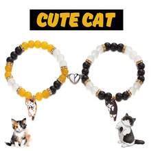New Creative Two-Pack Heart Magnetic Clasp Lazy Cat Pendant Beaded Bracelet Fashion Couple Bracelet - #4黃黑 - 查看 9