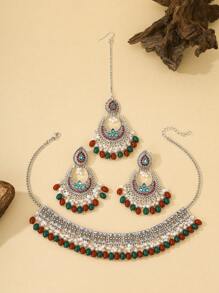 4pcs/Set Bollywood Luxury Style Faux Pearl Jewelry Set, Including Teardrop Earrings, Teardrop Pendant Necklace, And Crystal Necklace, Suitable For Women's Wedding, Daily Wear Or Festivals - Pearl - View 4