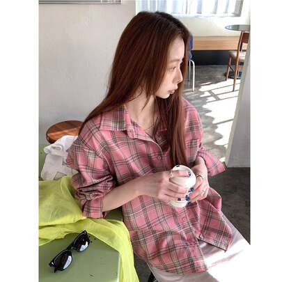 레트로 아메리칸 스타일 핑크 체크무늬 긴팔 셔츠 여성용, 캐주얼 싱글 브레스트 포켓 디자인, 루즈핏, 가을/겨울용 다용도 탑