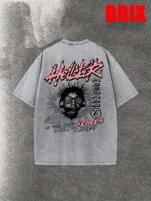 Uaddw Brand Y2K, [Retro Cotton T-Shirt]High-Quality 100% Cotton Men's Retro-Style Paradise Sound Theme Rock Declaration, Flame Graffiti, Character Pattern T-Shirt, Washed Short-Sleeved, Street Style, Funny Graphic Tees For Men, Fashionable And Casual, Versatile, Camiseta Para Hombre - 灰色 - 查看 3