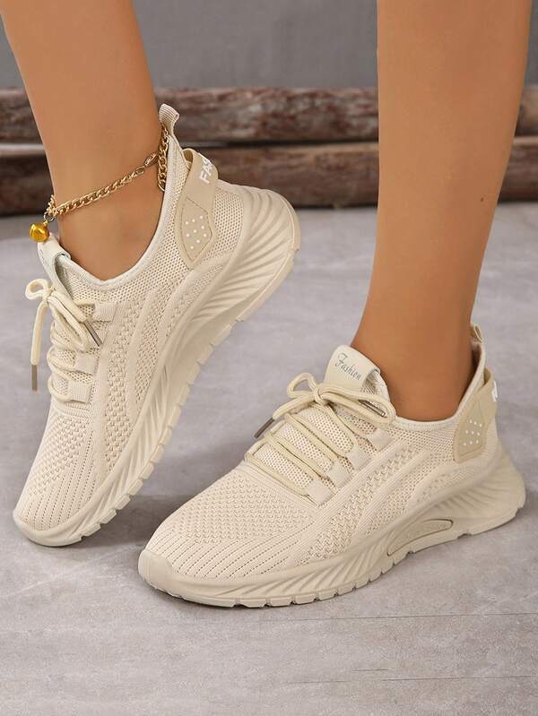 1 Pair Unisex Beige Breathable Lace-Up Soft Bottom Casual Shoes, Suitable For Spring And Summer