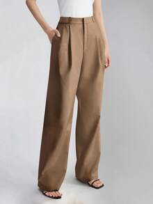 Women's High Waist Side Pocket Wide Leg Suit Pants, Spring/Autumn - Brown - View 1
