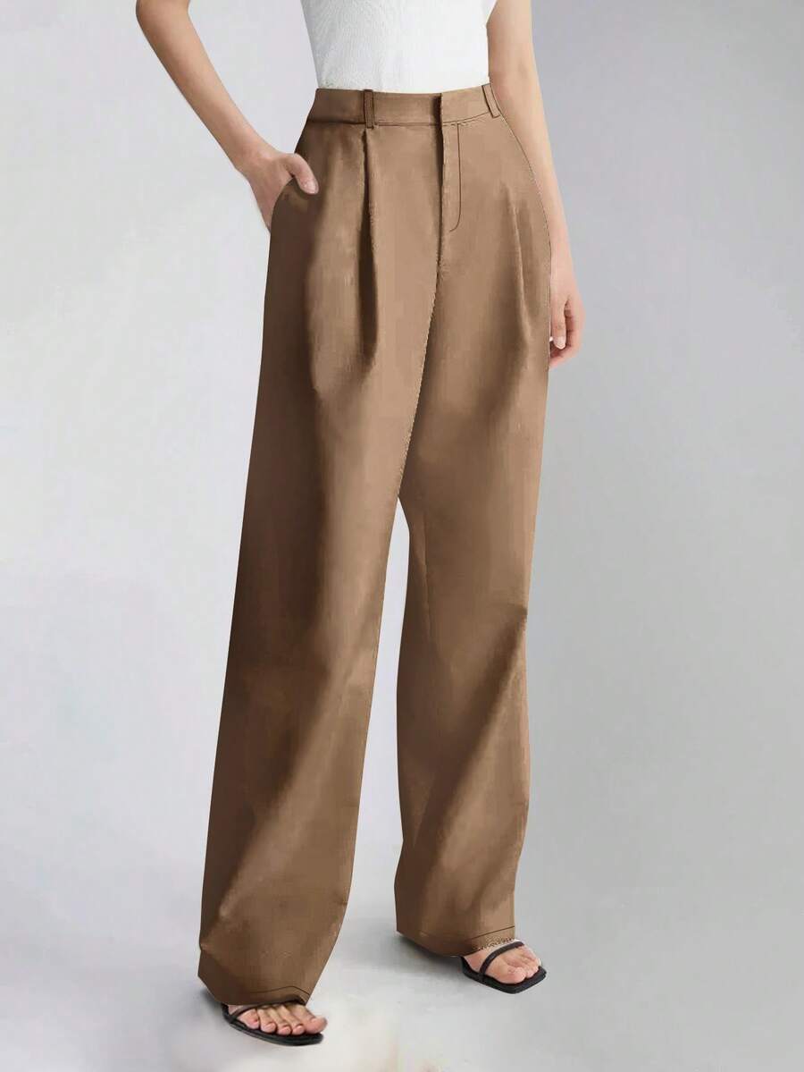 Women's High Waist Side Pocket Wide Leg Suit Pants, Spring/Autumn - Brown - View 1