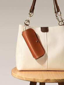 1pc Unisex Maillard Leather Portable Lightweight Snap Eyeglass Case, Can Be Hung On Bags, Convenient To Carry, Suitable For Multiple Scenarios - Black - View 2