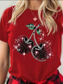 Camiseta gráfica de cereza  para mujer solo estampado Camiseta casual de manga corta con cuello redondo, cerezas brillantes y hojas verdes, poliéster ligero para primavera y verano, camiseta de cereza - Rojo - Ver 1