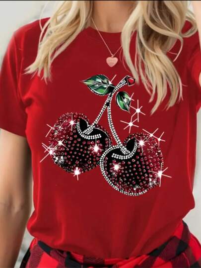 Camiseta gráfica de cereza  para mujer solo estampado Camiseta casual de manga corta con cuello redondo, cerezas brillantes y hojas verdes, poliéster ligero para primavera y verano, camiseta de cereza