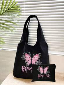 Bolso de mano con estampado de mariposas rosa estilo Y2K, equipado con bolsa de maquillaje con cremallera, bolso de lona negra para el hombro, bolso de compras casual, bolso de hombro de gran capacidad, adecuado para el trabajo, multifuncional, de múltiples propósitos, de gran capacidad, ligero, práctico, para aniversario, Navidad, vacaciones, adecuado para exteriores, ir y venir, viajes, escuela, deportes, compras, uso diario