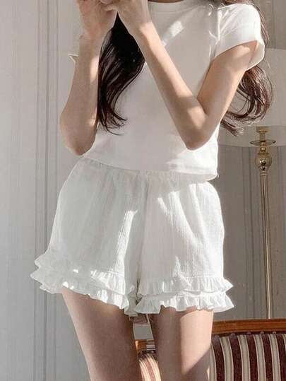 2025 Spring/Autumn Fashionable Unique Solid Color Ruffle Hem Shorts