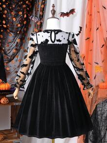 Mädchen Halloween Fledermaus Netz Mesh Patchwork Samt Kleid, Herbst
